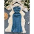 European and American retro spicy girl style suspender denim dress for women with summer waist closure and slit design, showing off a small figure long skirt