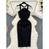 High end and elegant design for senior ladies. Hanging neck and suspender dress for women. Slim fit, medium length, sexy buttocks wrapped skirt dress