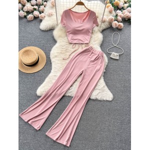 Caution machine sexy backless drawstring strap solid color t-shirt top+micro horn elastic waist slimming pants set for women