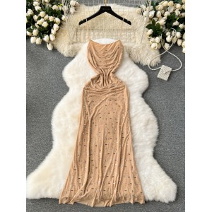 Pure desire style, light luxury, high-end feeling, camisole dress, women's summer hot diamond neckline design, niche and unique spicy girl long dress