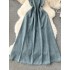 Korean Spring 2024 New Retro Denim Dress with Women's Style, Waist Closing, Slim and Long A-line Slim Strap Dress