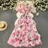 High end French dress for women in 2024, new design with floral print and tie up waist length chiffon vacation dress