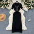 High end Dress for Women 2024 New Design Color Block Short sleeved Polo Neck Slim Fit Knitted Wrapped Hip Skirt