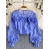 French chiffon shirt, women's design sense, three-dimensional flowers, fashionable and versatile, age reducing bubble sleeve top, solid color pullover shirt