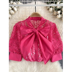 French shirt, women's sweet bow neckline, slim fit, fashionable and versatile design, hollowed out lace top, women's summer