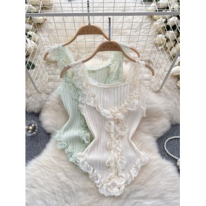 Knitted top, women's design feels sweet, lace lace lace, slim fit, short, age reducing, versatile camisole, women's new trend