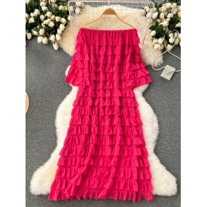 Sexy One line Neck Off Shoulder Flare Sleeves Sweet Ruffle Edge Cake Dress Loose and Slim Mid length Early Spring Dress
