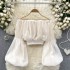 French Chiffon Shirt Women's Design Feeling Lotus Root Sleeve Elastic Waist Short Open Navel Sexy One line Neck Off Shoulder Top