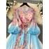 2024 Spring Fashion New French Palace Style High Grade Lantern Sleeve Lace up Waist Sweetly Printed Chiffon Dress