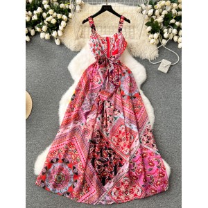 European and American dresses for women in 2024, new design sense sent to print, tie up waist, long vacation strap dress trend