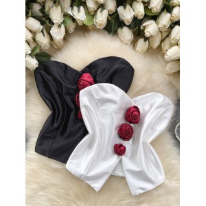Sweet and spicy small top, women's design sense, contrasting colors, rose flowers, slim fit short style, sexy and spicy girl style, strapless bottoming shirt trend