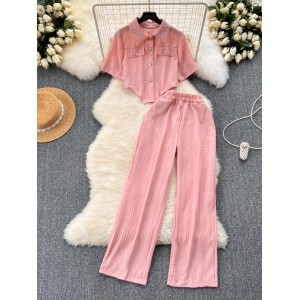 Wearing a full set of design inspired short shirts for summer, fashionable and versatile high waisted wide leg pants, two piece set for age reduction, trendy
