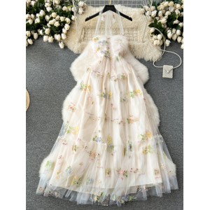 Flower Fairy Series High end Light Luxury Embroidered Mesh Dress Sexy Bra Long Hanging Neck Strap Dress for Women
