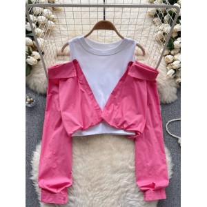 Design fake two-piece shirts for women's 2024 new spring style heartfelt hollow open shoulder long sleeved contrasting color short top