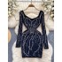 European and American foreign trade high-end feeling, light luxury, hot diamond studded, slim fitting short style, buttocks wrapped skirt, long sleeved bottom, early spring dress for women