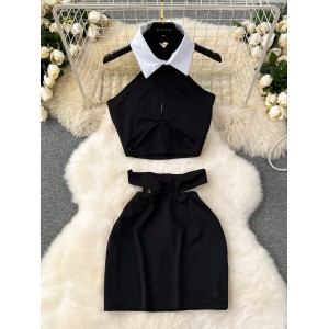 European and American Instagram Dressing for Women with Pure Desire, Dark Style, Sexy Hanging Neck Vest, Women's Top+Design Feeling Wrapped Hip Short Skirt Set