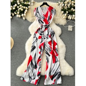 Light mature style women's clothing temperament jumpsuit 2024 summer new chic fashionable print high waisted slimming wide leg pants