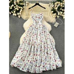 Vacation style dress, sweet and spicy girl, atmosphere, hollowed out backless floral fairy dress, French chic suspender long skirt