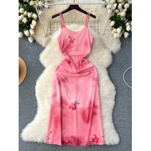 Pure desire style camisole dress, women's heart machine pleated waist slimming, mid length retro printed high-end bottom skirt