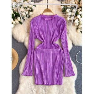 European and American style haute couture early spring dress for women in 2024, new heavy industry pressed pleated long sleeved slim fit short buttocks wrapped skirt