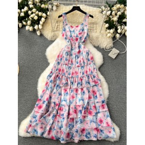 Fragmented flower dress, women's seaside vacation style, travel outfit, camisole skirt, French sweet and high-end feeling, ruffle edge long skirt