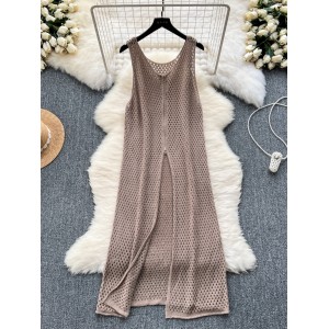 Korean style fashionable layering design with zipper slit long top for women's knitted sleeveless vest dress for women