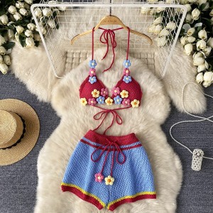 Beach vacation style, pure desire, spicy girl, weaver girl knitted suit, summer suspender top with a bra and high waisted wide leg shorts
