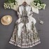 Spring/Summer Palace Style Retro High end Printed Chiffon Dress Women's Waistband Slim Single breasted Celebrity Long Dress