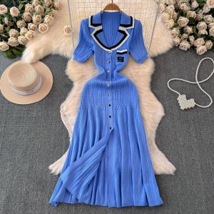 Autumn and Winter Fragrant Style Celebrity Short sleeved Contrast Embroidered Suit Collar, Waist Wrapped, Slim Single breasted A-line Knitted Dress