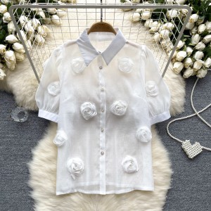 French niche and unique three-dimensional flower bubble sleeve shirt, female socialite fashionable temperament, versatile and slimming chiffon top