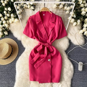 Light luxury and luxurious style, high-end suit collar dress, women's summer tie waist collection short sleeved design, temperament short skirt