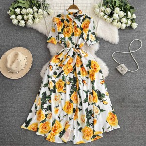 2024 new high-end short sleeved waist cinched floral dress, super fairy forest style first love, kikyo sweet and fresh long dress