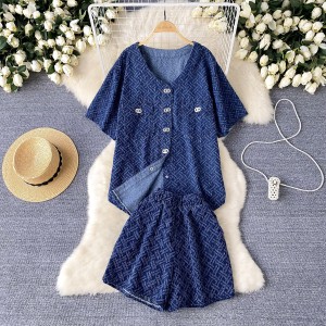 Slightly chubby oversized women's clothing, a complete set of small fragrant style, loose and versatile denim shirt, top, wide leg pants, two-piece set