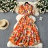 French First Love Sweet Short sleeved Bowtie Tie Waist Slimming Mid length A-line Pleated Fragmented Flower Dress for Women