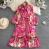 High end, light luxury, elegant lantern, long sleeved, bow tie, waistband, slimming effect, single breasted A-line printed dress