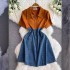 Summer new 2024 Hepburn style contrasting denim patchwork dress, feminine high waisted, age reducing A-line short skirt