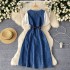 Short sleeved dress for women's summer 2024, new design with square neck and bubble sleeve splicing, age reducing fashion denim long skirt