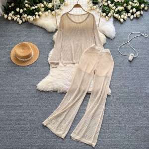 Lazy style hollowed out suit for women, versatile and versatile, loose long sleeved top, high waisted casual pants, two-piece set