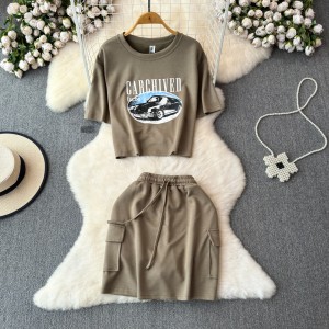 Summer Sports and Leisure T-shirt Set Skirt 2024 New Short sleeved Off the waist Top Drawstring Half length Short Skirt Two piece Set