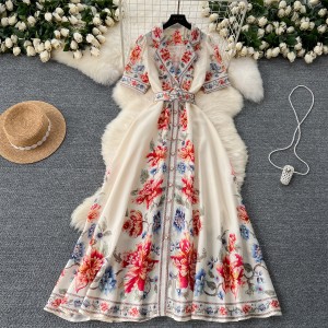 High end women's clothing 2024 summer new French retro lapel short sleeved waistband single breasted printed elegant dress