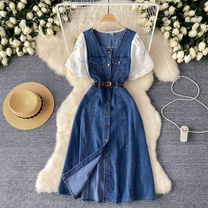 Short sleeved dress for women's summer 2024, new design with square neck and bubble sleeve splicing, age reducing fashion denim long skirt