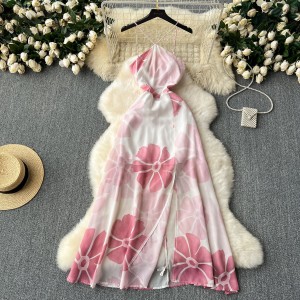 Atmosphere, elegant and fairy like long skirt, seaside vacation temperament, pure desire, sexy hanging neck strap, split print dress