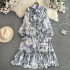 High end, light luxury, elegant lantern, long sleeved, bow tie, waistband, slimming effect, single breasted A-line printed dress