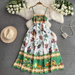 Bohemian beach dress, seaside vacation floral long dress, women's sweet printed sleeveless waist strap dress