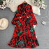 High end, light luxury, elegant lantern, long sleeved, bow tie, waistband, slimming effect, single breasted A-line printed dress