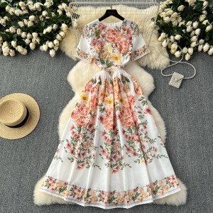 High end women's clothing 2024 summer new French retro palace style printed waist slimming elegant dress