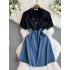 Summer new 2024 Hepburn style contrasting denim patchwork dress, feminine high waisted, age reducing A-line short skirt