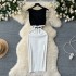 Sleeveless square necked knitted vest skirt with a high-end sense, temperament, goddess style, slim fit, contrasting color patchwork, spicy girl wrap buttocks dress