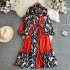 High end, light luxury, elegant lantern, long sleeved, bow tie, waistband, slimming effect, single breasted A-line printed dress