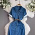 Blue retro Chinese style short sleeved denim dress for women in the summer of 2024, new high-end feeling, waistband, mid length skirt